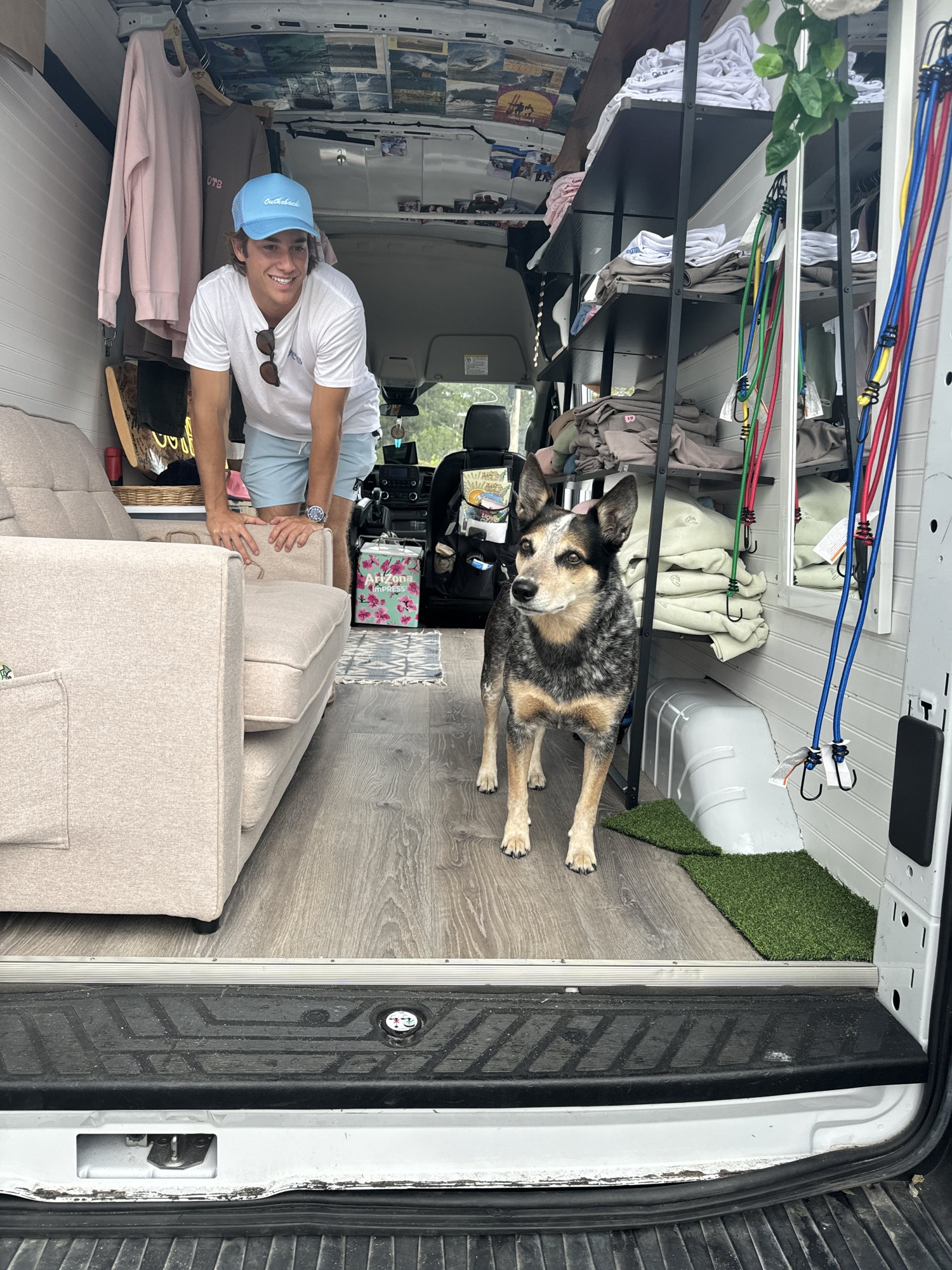 inside the out the back van with dude the dog